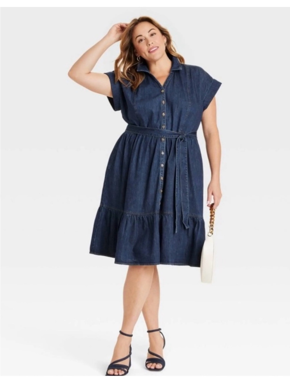 NWT Ava & Viv Dark Wash Denim Tiered Midi A-Line Short Sleeve Dress Pockets 3X